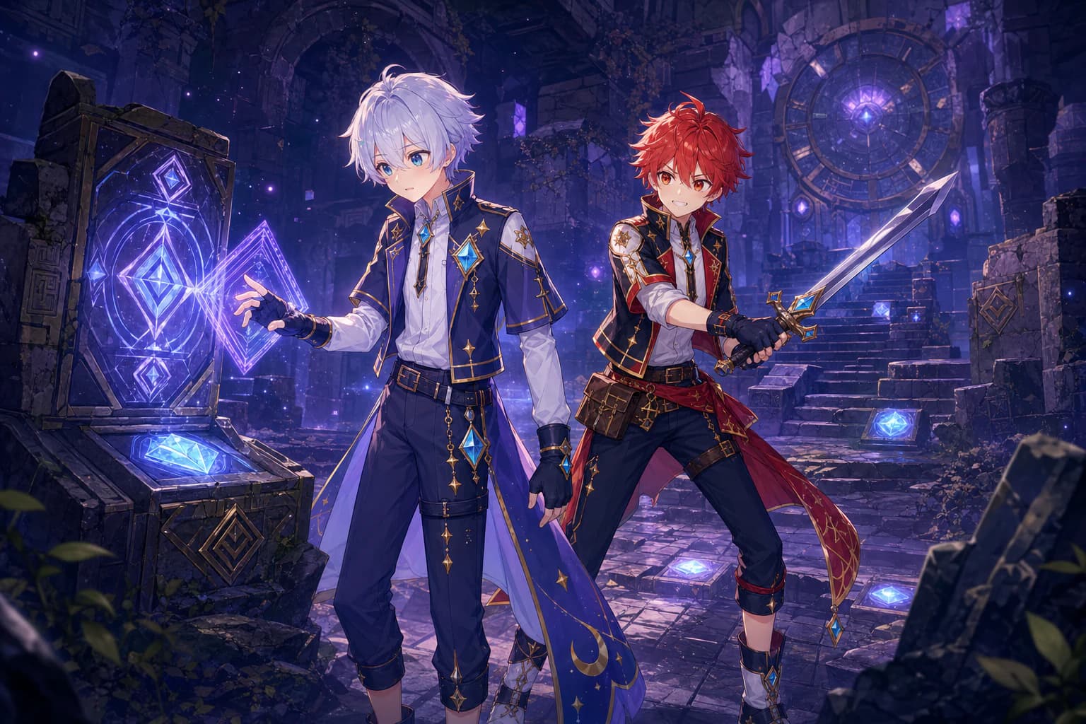 Azoth and Rory exploring a glowing ancient ruin