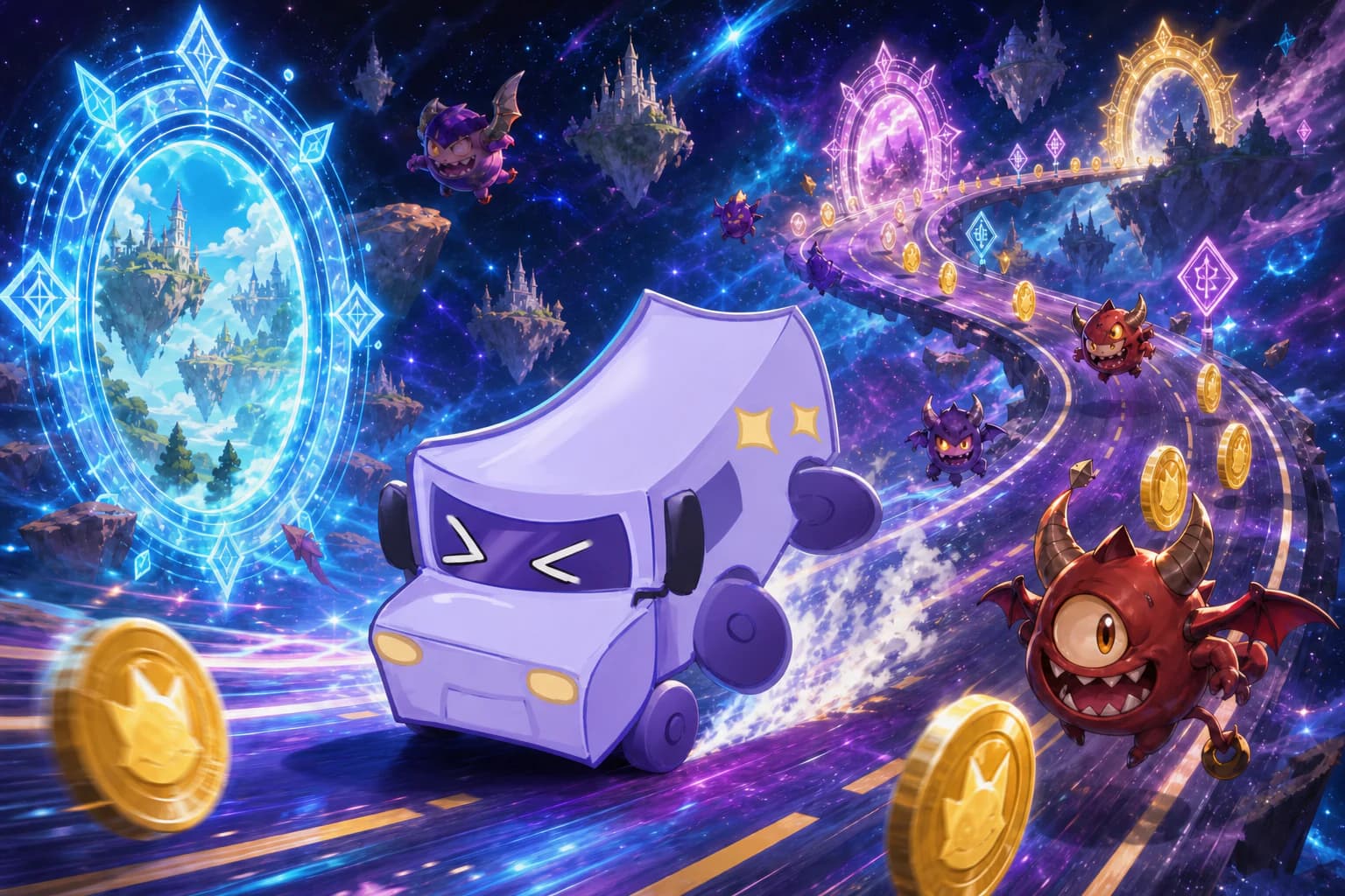 Truck-kun racing demons along a magical interdimensional highway