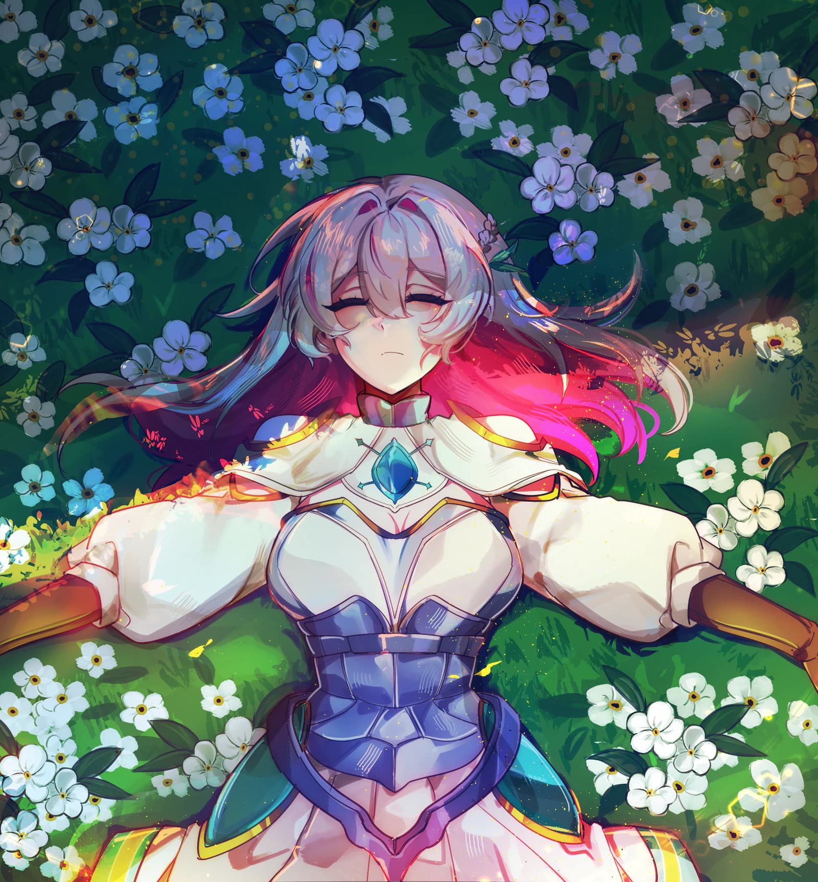 Rina resting in a field of white flowers