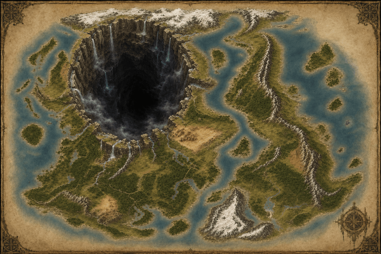 A cartographic overview of the fractured world and the immense sunken continent.