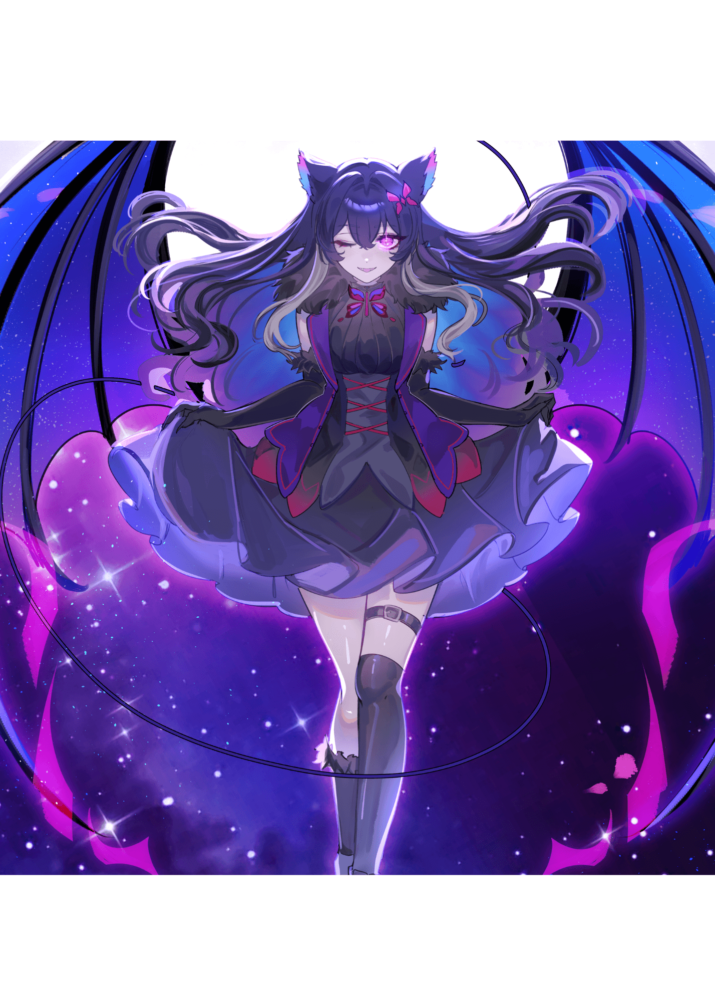 Lilith hovering in the night sky with her cosmic wings spread as she greets Luna.