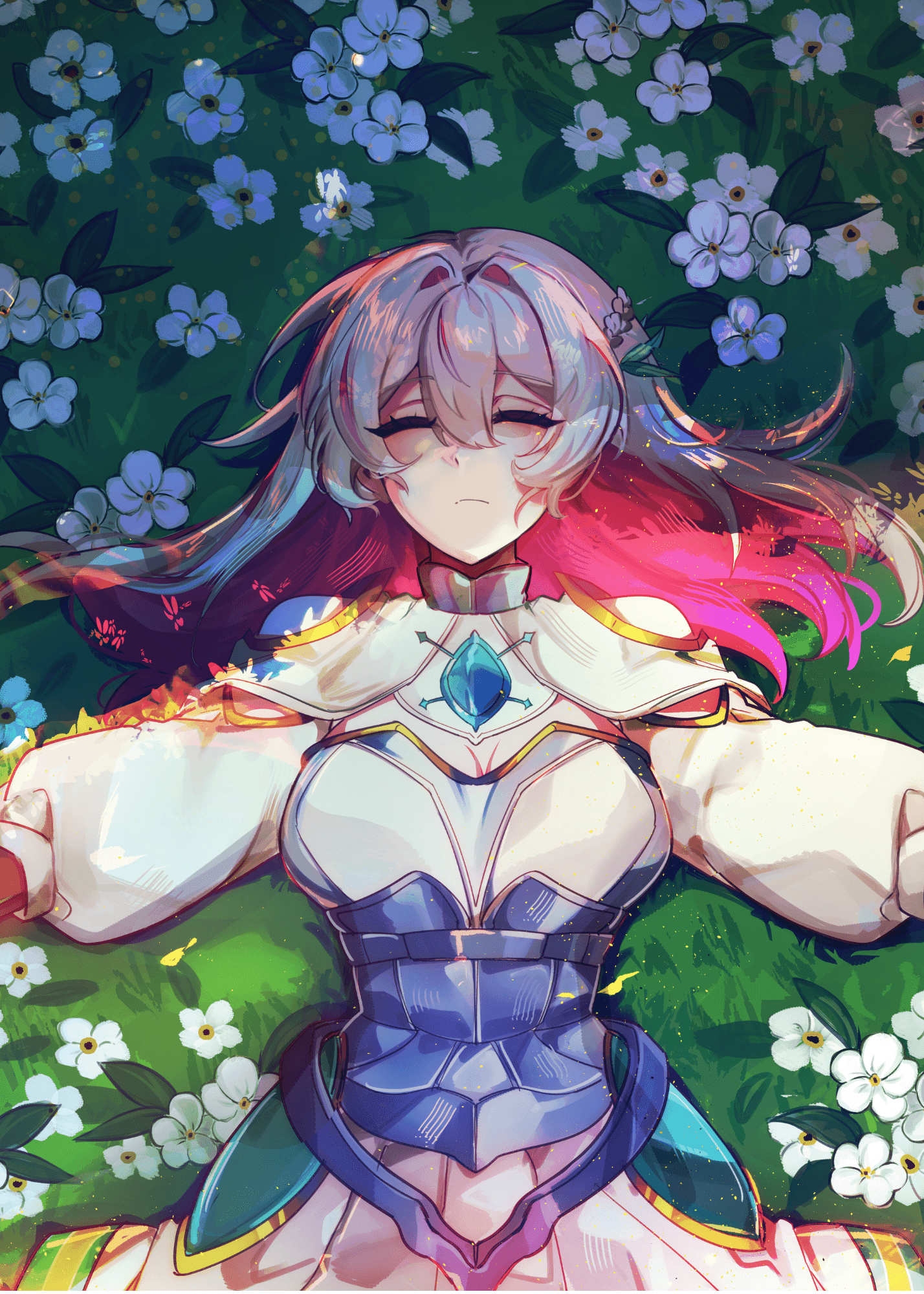 Rina lying on her back among white flowers, resting with her eyes closed.