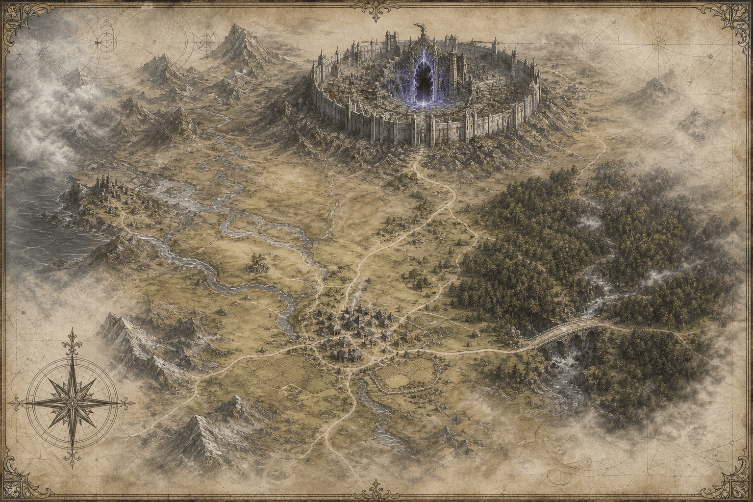 An illustrated regional map showing Eld, the eastern woods, and the walled ruins of Veyloria.